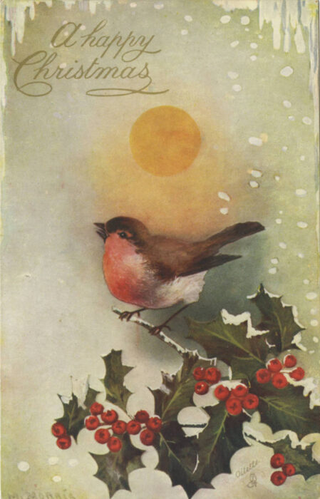 Postal de navidad con ilustración vintage de pájaro y muérdago